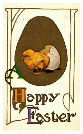 Vintage Easter Postcard Baby Chicken Chick Happy Easter Egg