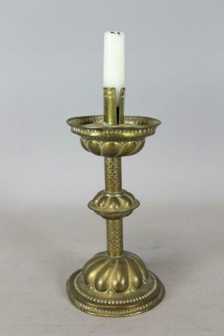 A Very Rare 17th C Embossed & Punch Decorated Danish Brass Mid Drip Candlestick