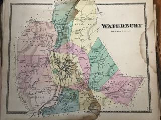 2 Waterbury Connecticut Antique Map Beers 1868 13”x16”
