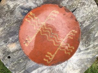 Primitive Antique Slip Decorated Pennsylvania Redware 9” Pie Plate Coggled Dish