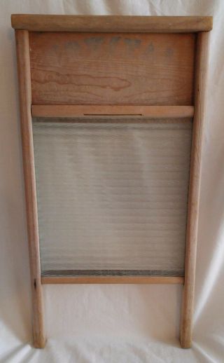 Antique Vintage Crystal Cascade Glass And Wood Washboard