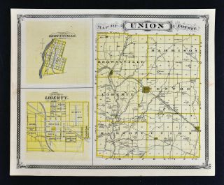 1876 Indiana Map - Union & Franklin County Liberty Brookville Brownsville Laurel
