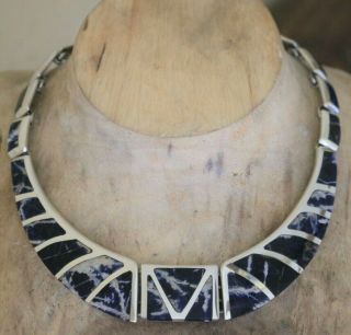 Vtg Massive Mexico 950 Silver Lapis Hinged Panel Link Necklace 120 Grams Taxco
