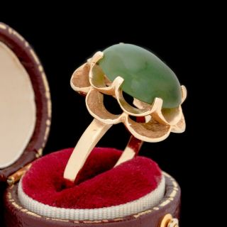 Antique Vintage Deco Retro 14k Gold Chinese Carved Nephrite Jade Ring Sz 7.  75