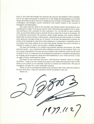 Unification Church Sun Myung Moon (rev.  Moon) Autographed Speech Nov 25,  1977