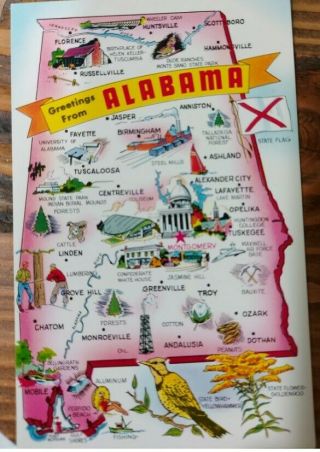 Vintage Postcard: Greetings From Alabama (state Map/flag/flower/bird)