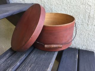 1800’s Thick Walled Bale Handled Pantry Box Red Paint 11 1/4”