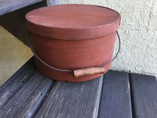 1800’s Thick Walled Bale Handled Pantry Box Red Paint 11 1/4” 2