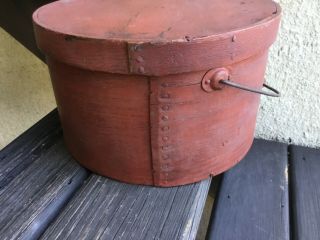 1800’s Thick Walled Bale Handled Pantry Box Red Paint 11 1/4” 4