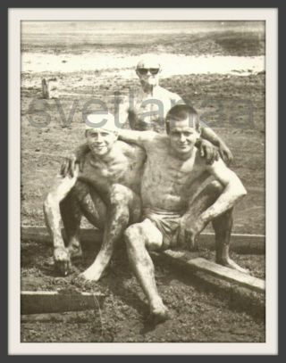 Mud Bath Beach Affectionate Couple Handsome Men Muscle Bulge Gay Vintage Photo