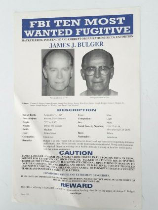 James Whitey Bulger Fbi Ten Most Wanted Poster 1999 Official Authentic