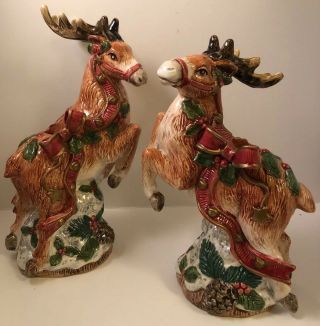 Vintage Fitz And Floyd Kris Kringle Christmas Reindeer Leaping Candleholders Euc