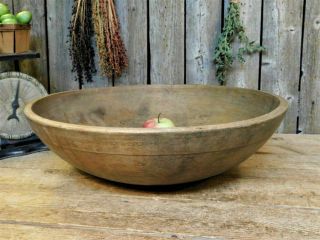Large Early England Antique Wooden Dough Bowl W/ Rim Aafa