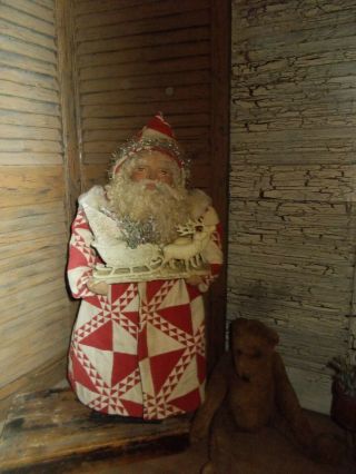 Primitive Santa,  Antique Sleigh Reindeer,  Antique Quilt,  Handmade One Of A Kind
