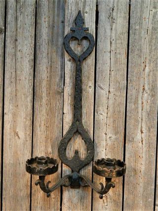 Vintage Primitive Large Cast Iron Double Heart Shaped Wall Candle Sconce