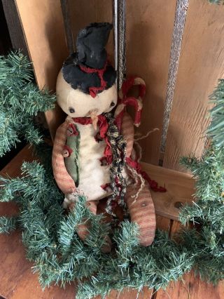 Primitive Raggedy Christmas Snowman Doll Candy Canes Christmas Tree Holiday