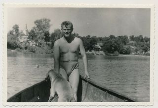 Shirtless Rockabilly Hair Canoe Man W Swimsuit Bulge Vtg 50s Gay Int Photo Dog