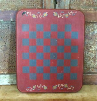 Primitive Tole Painted Red & Blue Wooden Checkers Gameboard Game Board