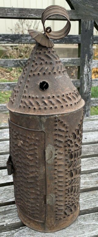 Antique 19th C.  Punched Tin Revere Style Candle Lantern,  Aafa