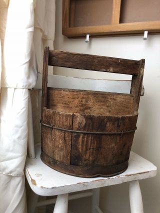 Primitive Old Antique Wooden Keg Barrel Tote Firkin Iron Banded