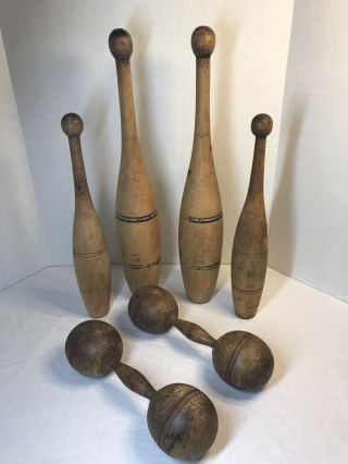 Antique Wood Indian Exercise Circus Juggling Clubs Pins Set Of 6