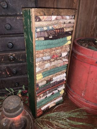 16 In Long Wooden Box Old Green Paint With Early Quilt Scrapes Calico Textiles