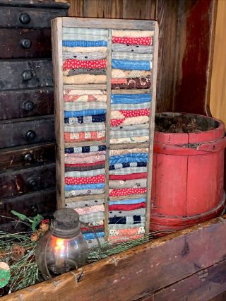8 Cubby Wooden Box Old Nails Filled W/ Early Homespun & Calico From Old Quilts