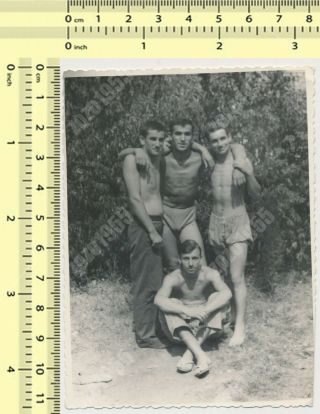 Shirtless Handsome Muscular Gusy Hug Bulge Trunks Gay Int Beach Vintage Photo