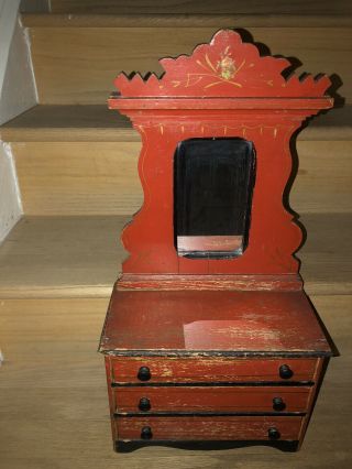 Antique Eastlake Miniature Salesman Sample 3 Drawer Wood Dresser W/mirror