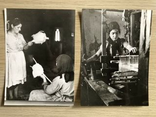 2 Vintage Newspaper Press Photos Greek Women With Loom And Wool Yarn Making