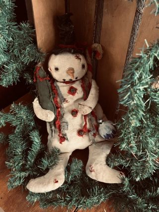 Primitive Raggedy Snowman Doll Vintage Ornament Christmas Tree Holiday Decor
