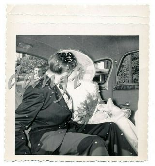 Thru The Car Window At A Faceless Bride,  Groom Kissing In The Back Seat Old Photo