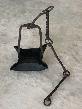 Antique Hand Forged Iron Square 4 Spout Betty Lamp Grease Whale Oil