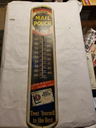 Vintage Mail Pouch Tobacco Metal Advertising Sign Thermometer 39 " X8 " &