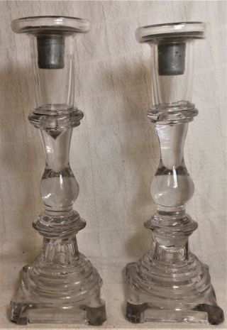 Pair Early 19th Century Blown Glass 11 " Candlesticks W Pewter Cups,  As - Is