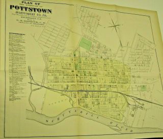 Large Antique Hopkins 1871 Pottstown Montgomery County Pa.  Hand - Colored Map