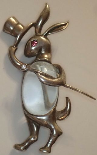 Vintage Sterling Silver Rhinestone Lucite Jelly Belly Rabbit In A Top Hat Brooch