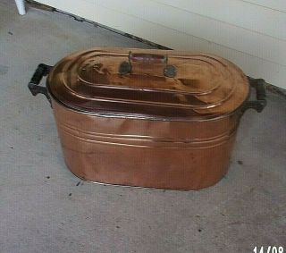 Large Vintage Antique Primitive Copper Boiler Wash Tub W/ Lid And Wood Handles