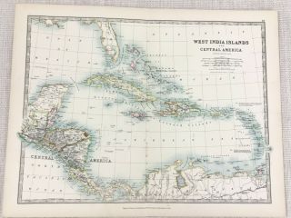 1896 Antique Map Of The West Indies Leeward Islands Cuba 19th Century Johnston