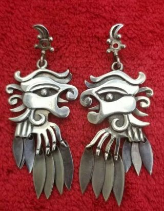 Vtg Early Taxco Mexican Sterling Silver 925 Miguel Aztec Design Dangle Earrings