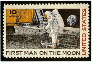 Vintage First Man On The Moon Stamp Postcard Neil Armstrong Buzz Aldrin Apollo11