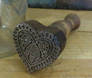 Valentine Heart W Honey Bee Primitive Farmhouse Wood Butter Mold Stamp Press