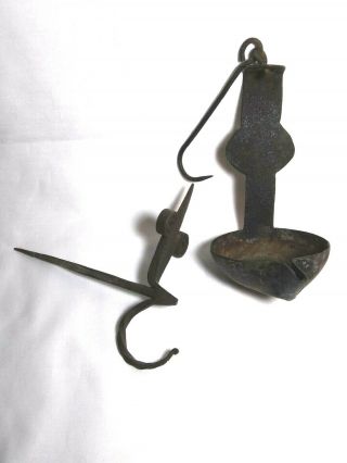 Antique Hand Forged Iron Betty Lamp And Hanger