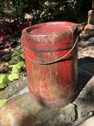 Antique Primitive Wooden Bucket In Old Red Paint,  Bail Handle