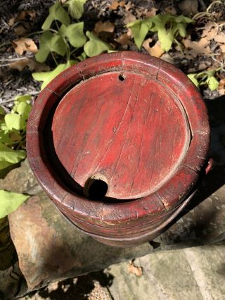 ANTIQUE PRIMITIVE WOODEN BUCKET IN OLD RED PAINT,  BAIL HANDLE 2