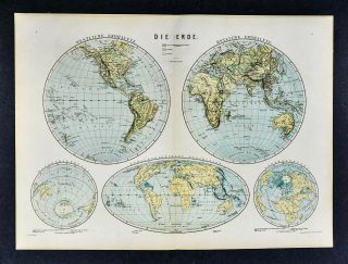 C1885 Hartleben Map Physical World Hemispheres Polar Projections Homolographic