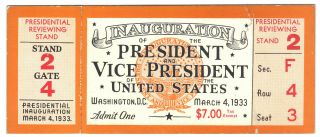 March 4,  1933 Inauguration Ticket,  Fdr & Garner,  W/stub,  Crease & Tear