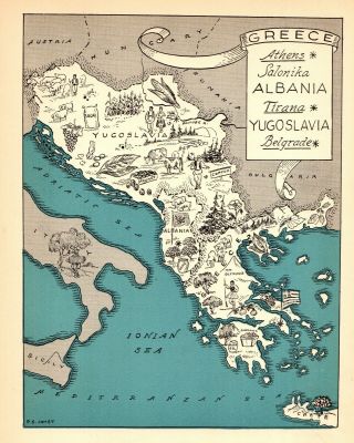 1932 Antique Animated Greece Map Rare Picture Map Of Yugoslavia Albania Blu 7264
