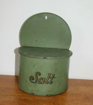 Antique Vintage Wall Hanging Metal Green Salt Box With Glass Insert