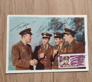 Yuri Gagarin Signed Card Autograph By 5 Cosmonauts Very Rare